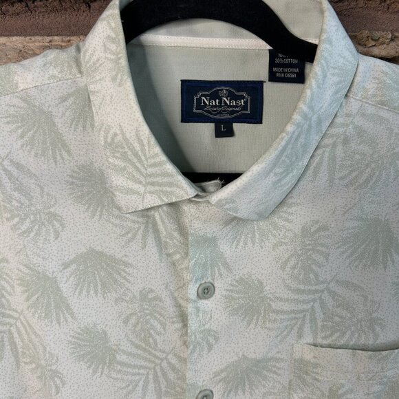 Nat Nast Men's Green Silk Cotton Blend Hawaiian Palm Fronds Short Sleeve Shirt - Picture 7 of 9